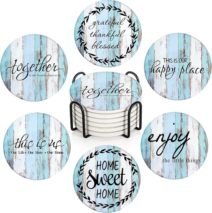 Coasters for Drinks, Ceramic Stone, Vintage Blue | White Wooden Old Absorbent by Britimes