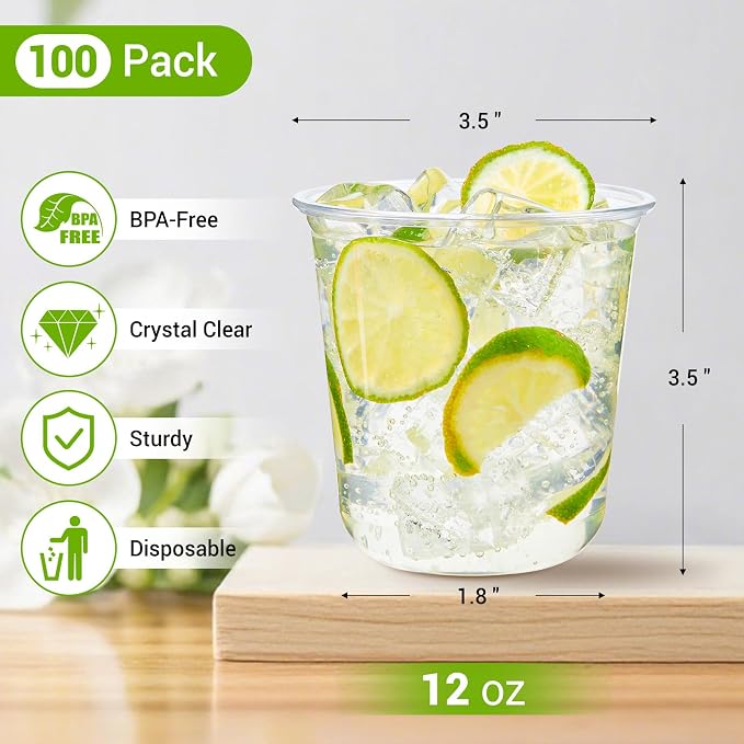 100 Pcs Round Bottom Plastic Cups, 12 oz Disposable Stemless Wine Glasses | - Image 2