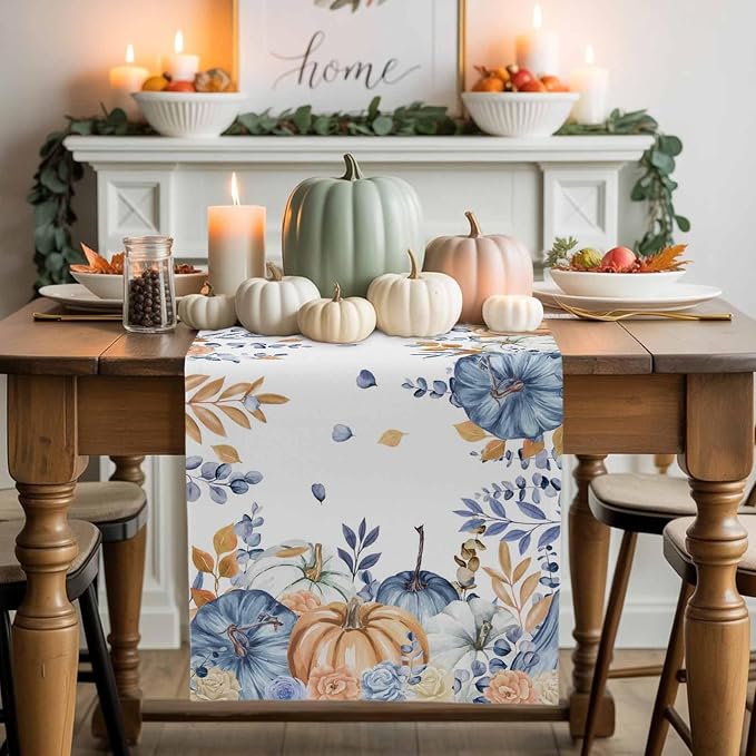 Blue Pumpkin Fall Table Runner 72 Inches Long, Thanksgiving Floral Eucalyptus - Image 2