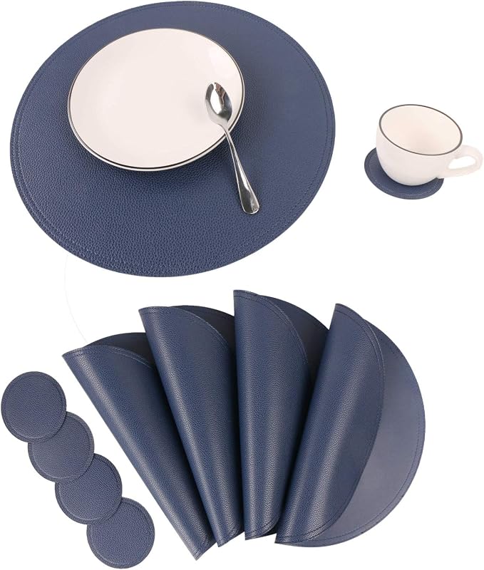 Jovono Navy Faux Leather Round Placemats and Coasters, Coffee Mats Kitchen by JOVONO