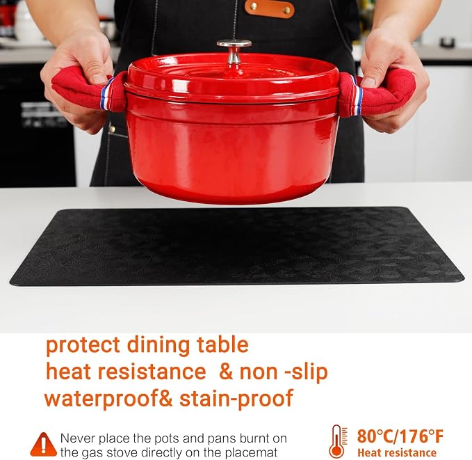 Black Vinyl Placemats Set of 6 Waterproof Wipeable Table Mats | Heat Resistant - Image 4