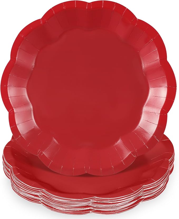 NatNarr 30 Pcs Red Paper Plates 9 Inch Scalloped Dinner Cake Plates | Red Party by NatNarr
