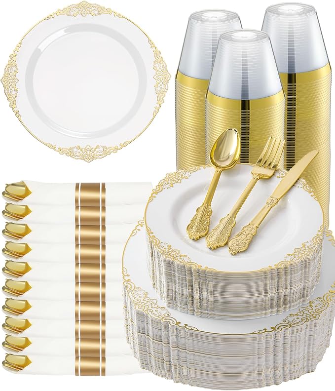 350 Piece Gold Plastic Dinnerware Set by GoodLuck