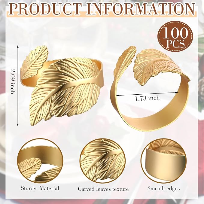 100 Pcs Gold Napkin Rings for Wedding Shiny Metal Napkin Holder Study Leaf - Image 2