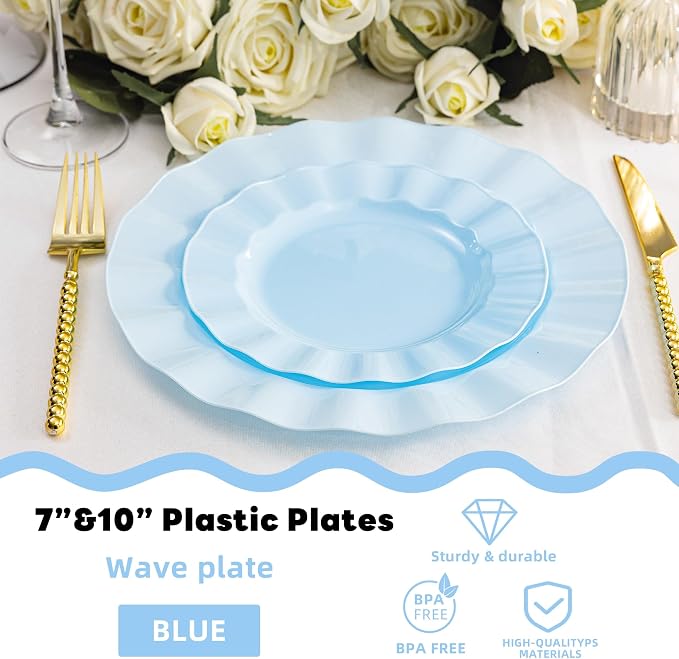 60 Pcs Blue Plates, Wave Edge Design Disposable Plastic Plates | Disposable - Image 3
