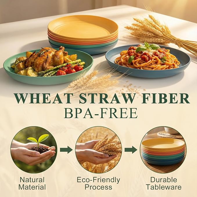 10 Inch Dinner Plates Set of 8, Unbreakable Wheat Straw Plates, Plastic Plates - Image 3