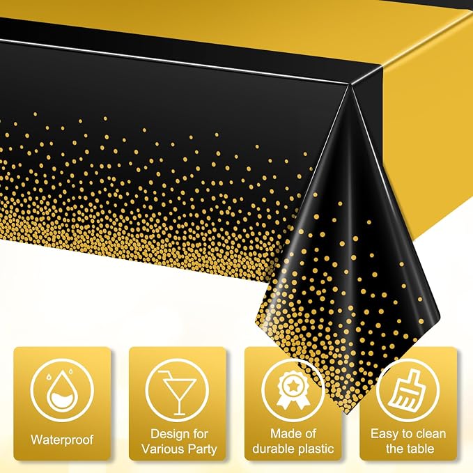 6Pcs Black and Gold Tablecloth Party Decorations, Plastic Black Table Cloth - Image 3