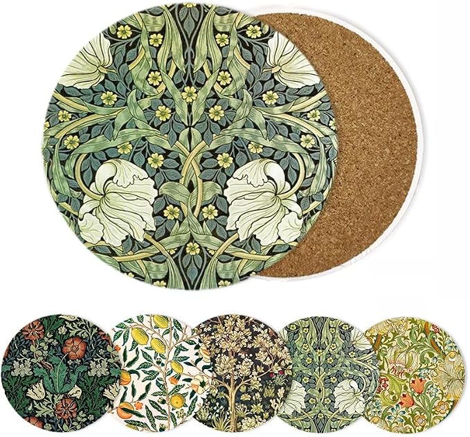 HUXJOKO Coasters for Drinks Set of 6, William Morris Floral Pattern Absorbent by HUXJOKO