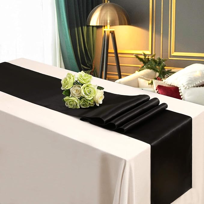 5 Pcs Black Satin Table Runners 12x108 inch Bright Satin Silk Fabric | Smooth - Image 5