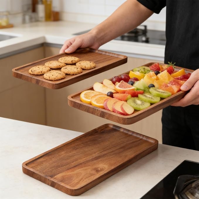 VERTORGAN 2 Pack Acacia Wood Serving Tray, 11.8x5.9 Inch Trays, Home Decor | - Image 4