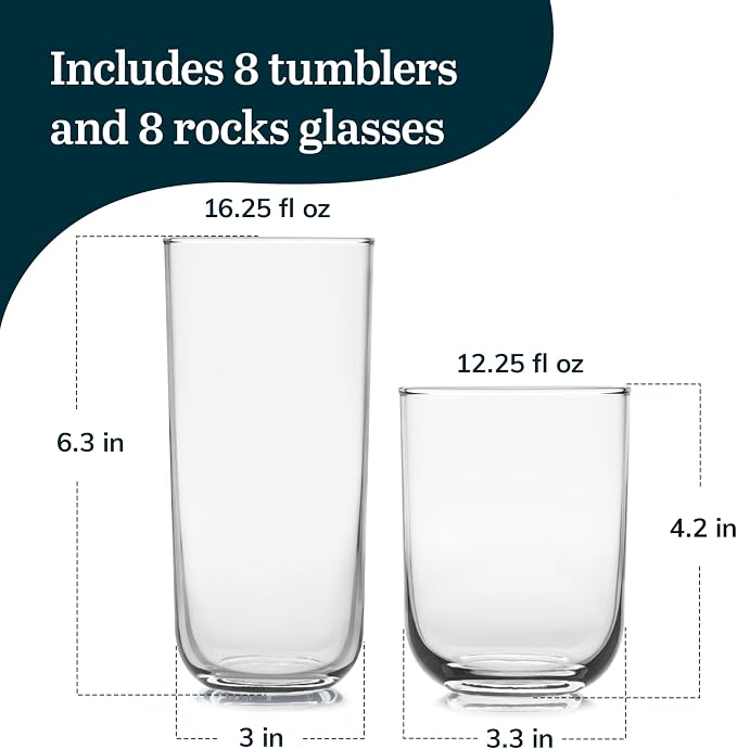 Polaris Axis Tumbler & Rocks Drinking Glasses Set of 16, Glass Cups | 17.75 oz - Image 3