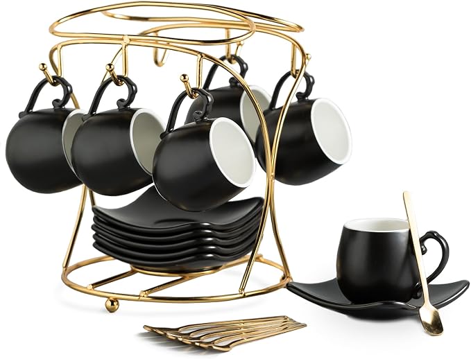 LYEOBOH Espresso Cups with Saucers Set, 3 Ounces Porcelain Coffee Cups with by LYEOBOH