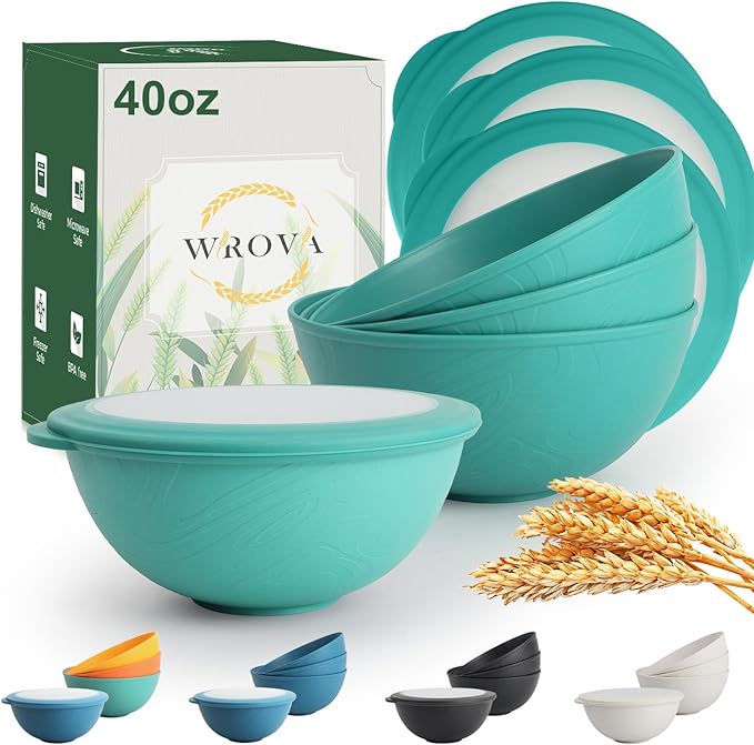 wheat straw bowls set of 4, 40oz unbreakable salad bowl set by WROVA