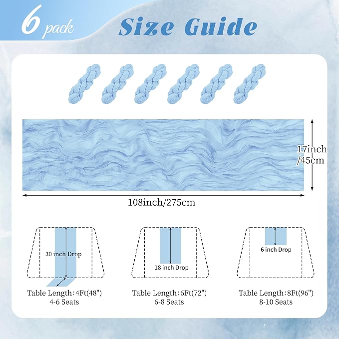 6 Pack Baby Blue Cheesecloth Table Runner 17x108 Inch Semi Sheer Boho Gauze - Image 2