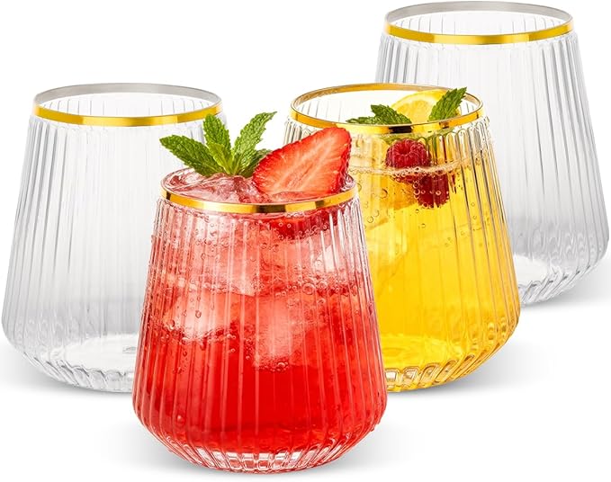 Goodluck 80 Pack 12oz Stemless Clear Ribbed Plastic Wine Glasses Gold Rim | by GoodLuck