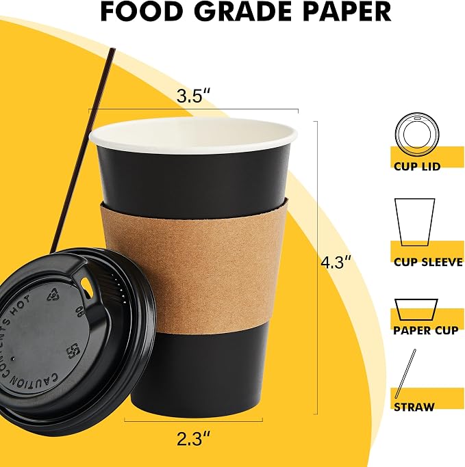 RACETOP Coffee Cups with Lids 12 oz 100 Pack, Thick Paper, Leak-Proof Lids & - Image 2