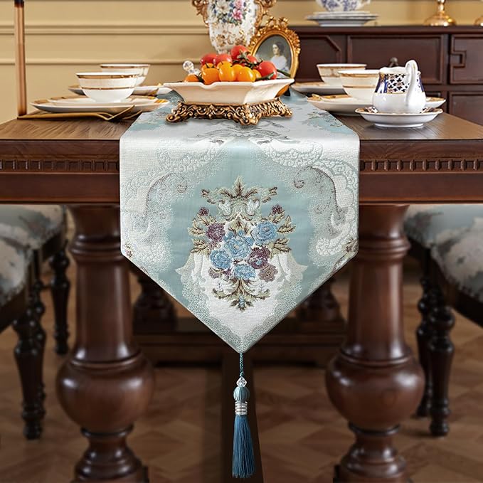Damask Luxury Table Runner 72 inches Long Textured Chenille Light Blue | Decor - Image 6
