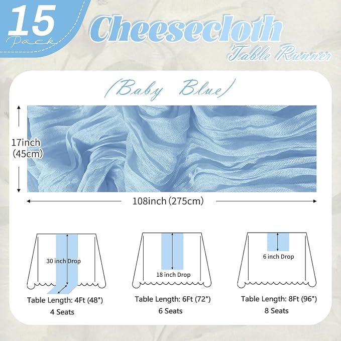 15 Pack Baby Blue Cheesecloth Table Runner 17 x 108 inch Cheese Cloth Table - Image 2