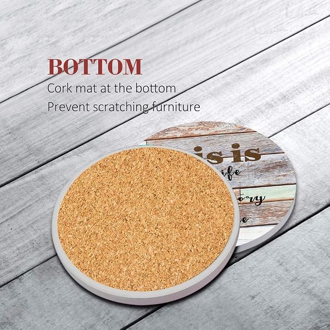 Coasters for Drinks, Ceramic Stone Wood Farmhouse | Absorbent Round Table Mat - Image 5