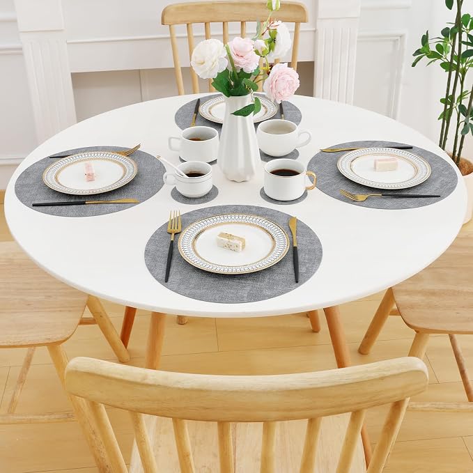 Homaxy Round Faux Leather Placemats and Coasters, Light Grey | Washable - Image 9