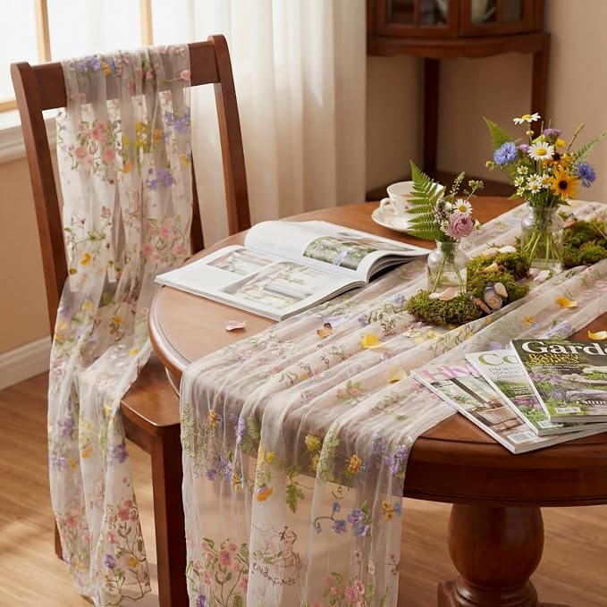 Ivory White Floral Table Runner 10ft Embroidery Tulle Spring Wildflower Table - Image 6