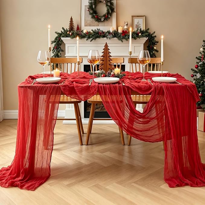 3Pcs Red Table Runner, 10FT Rustic Gauze Red Table Runner 35*120inch Boho Table - Image 8