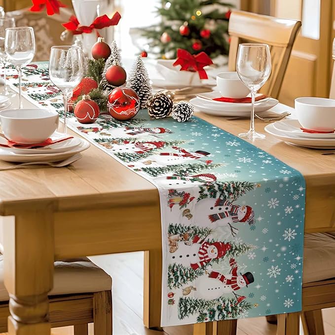 Teal Christmas Snowman Table Runner 36 Inches Long, Xmas Trees Snowflake Table - Image 9