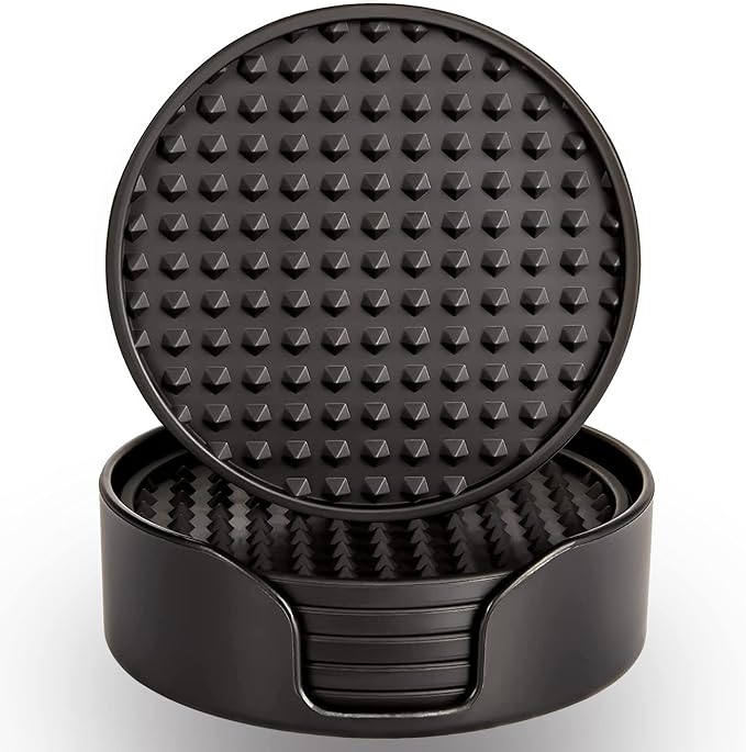 Rubber Coasters Set 6 with Holder, Non-Slip Silicone Drink Coaster Cup Mats | by KEHOUXRE