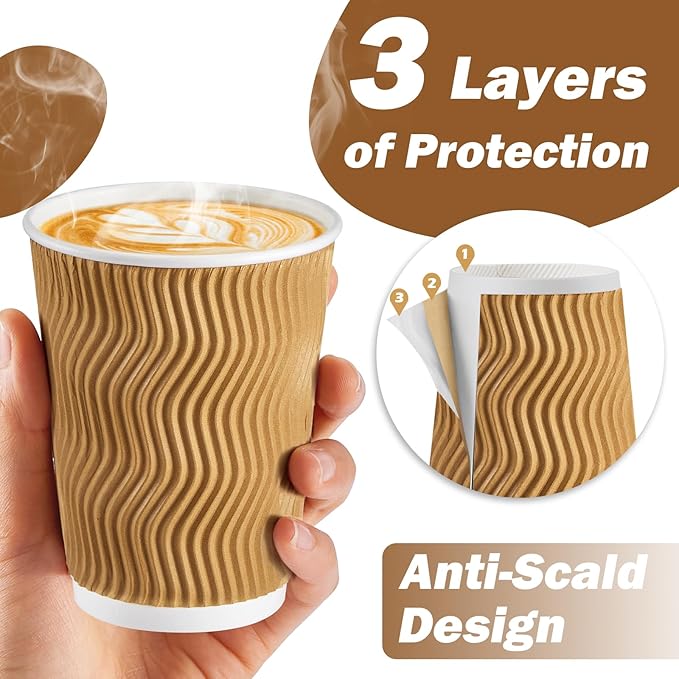SIUQ 150 Pack 12 oz Disposable Coffee Cups, Insulated Corrugated Paper Cups | - Image 3