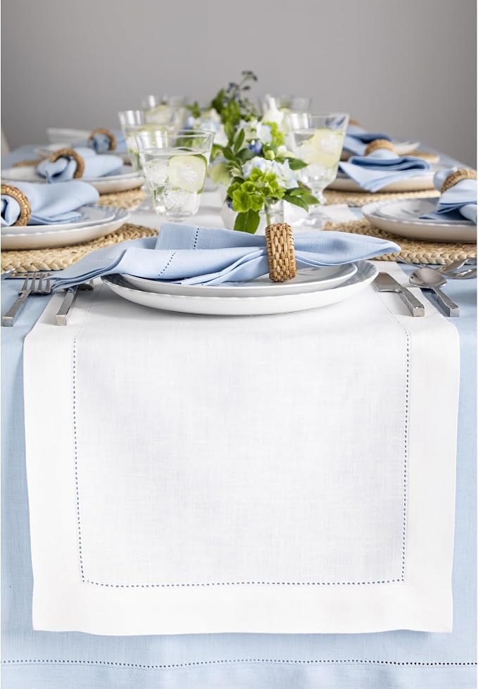 Solino Home 100% Linen Table Runner White, Classic Hemstitch 14 x 108 in | by SolinoHome