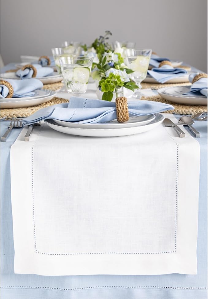 Solino Home 100% Linen Table Runner White, Classic Hemstitch 14 x 144 in | by SolinoHome