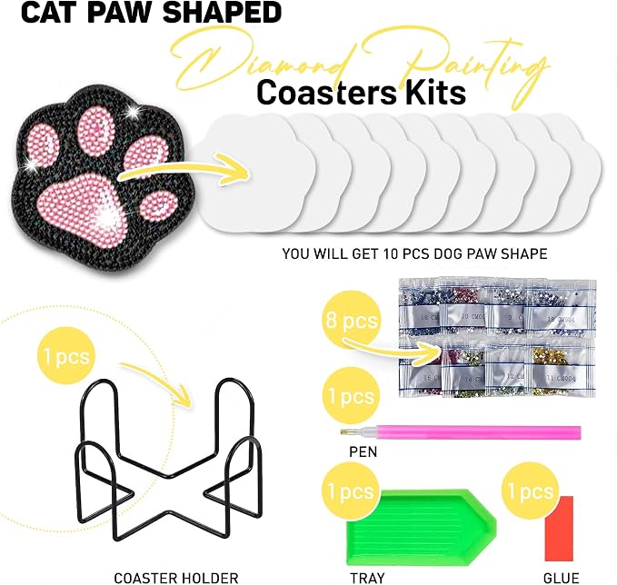 10 pcs Diamond Painting Coasters | Diamond Art Coasters | Cat Paw Diamond Art - Image 2