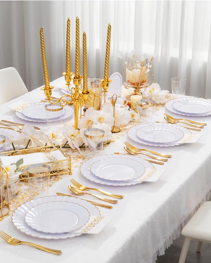 YOUBET 175PCS White and Gold Scalloped Plastic Plates - Image 3