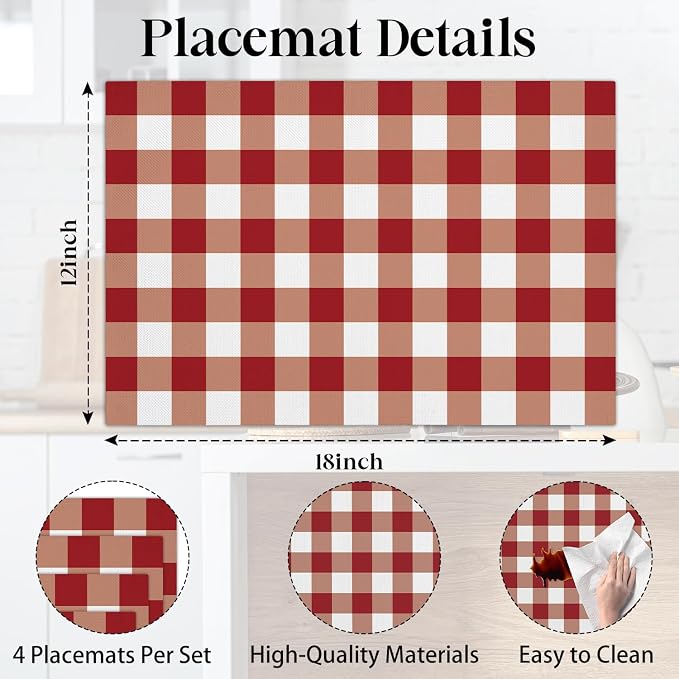 Red and White Check Plaid Placemats Set of 4, Washable Heat Resistant Placemats - Image 2