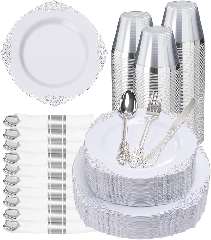 350 Piece Silver Plastic Dinnerware Set by GoodLuck
