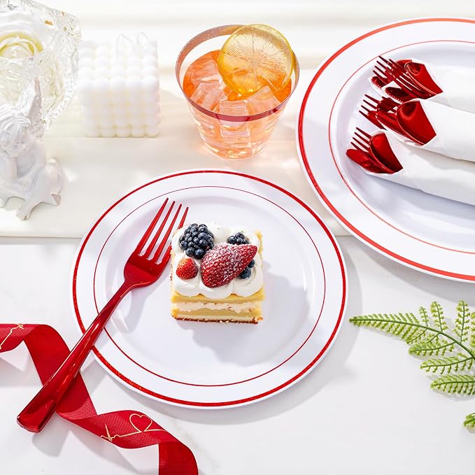 WELLIFE 350-Piece Red Plastic Party Dishware Set - Image 5