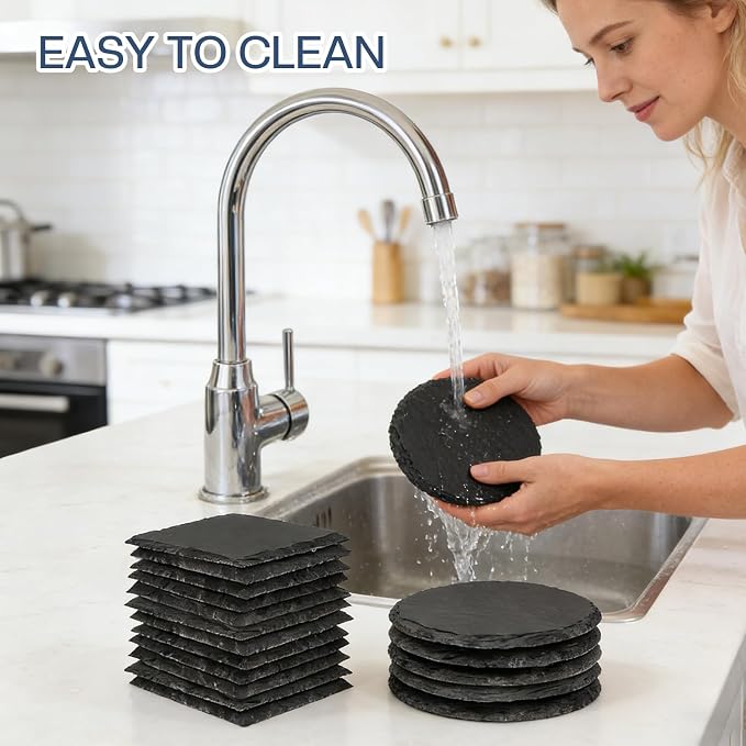 24 Pcs Slate Coasters, 4 inch Black Stone Coaster Set, Square，Round | Perfect - Image 6