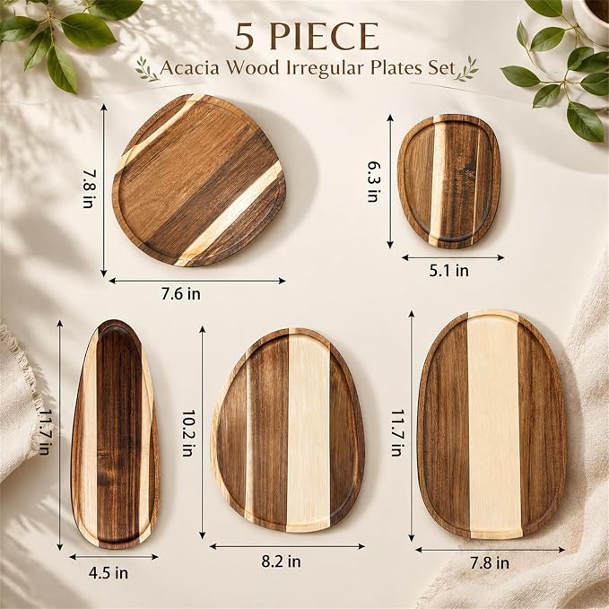 Okllen Set of 5 Small Acacia Wood Serving Platter and Trays, Irregular Oval - Image 2