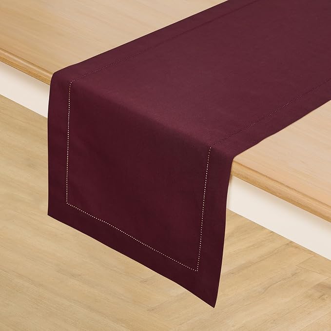 Solino Home Cotton Linen Dining Table Runner Wine Hemstitch, 14 x 108 in | - Image 2