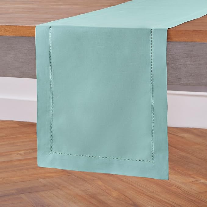 Solino Home Cotton Linen Dining Table Runner Pastel Turquoise, 14 x 90 in | - Image 2