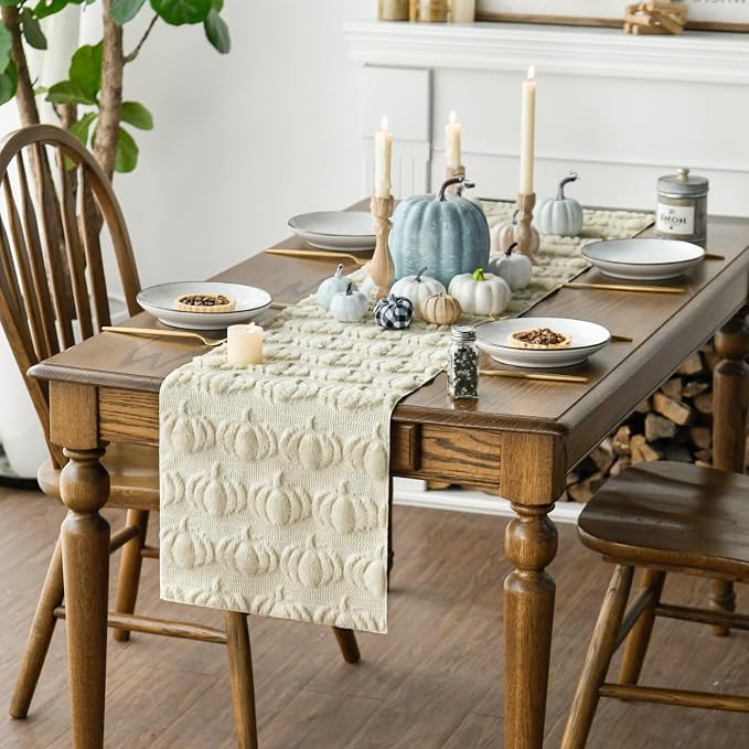 Artoid Mode Beige Soft Faux Fur Pumpkins Fall Table Runner 13x48 Inch | - Image 3