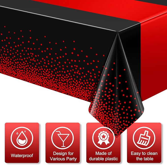 MASHAN 6Pcs Black and Red Tablecloth Party Decorations, Plastic Black Table - Image 3