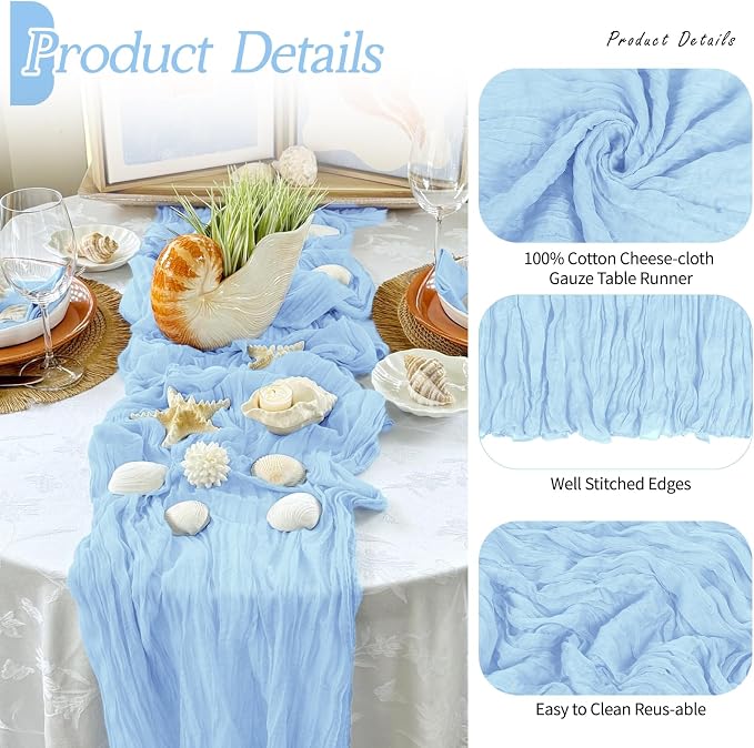 6 Pack Baby Blue Cheesecloth Table Runner 17x108 Inch Semi Sheer Boho Gauze - Image 3