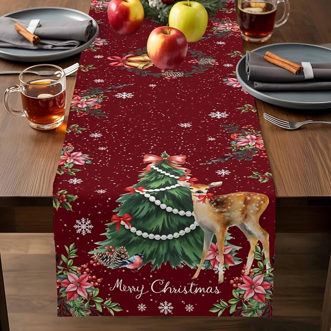 Christmas Reindeer Table Runners 72 Inches Long, Cotton Linen Fabric Red Table - Image 7
