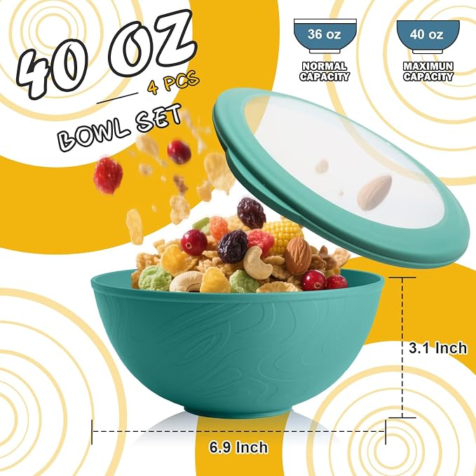 40 OZ Wheat Straw Bowls with Lids Set, Alternative Plastic Food Containers with - Image 2