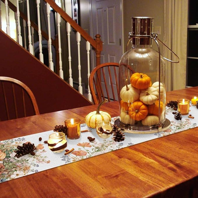 Fall Windflowers Pumpkin Short Table Runners 36 Inches, Cotton Linen Fabric - Image 4