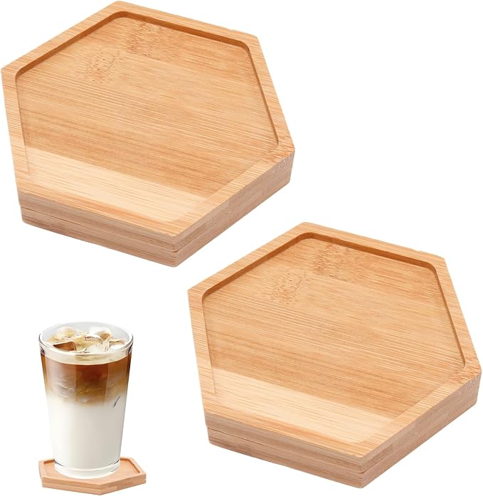 Hexagon Bamboo Tray, 3.8" Wooden Mosaic Craft Base Serving Plate | Natural Wood by Unknown