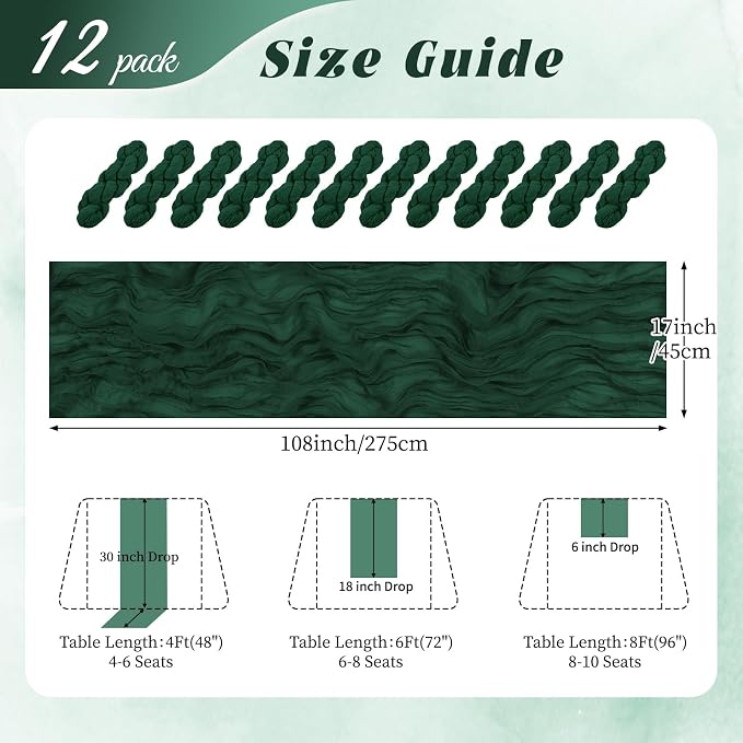 12 Pack Emerald Green Cheesecloth Table Runner 17x108 Inch Semi Sheer Boho - Image 2