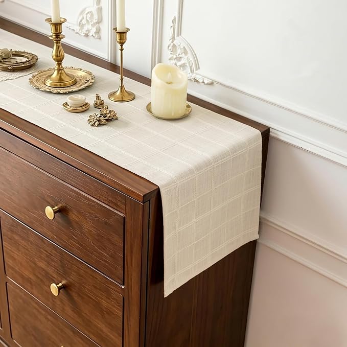 Linen Textured Table Runner, Ivory Table Runners 108 Inches Long | Raised Grid - Image 5