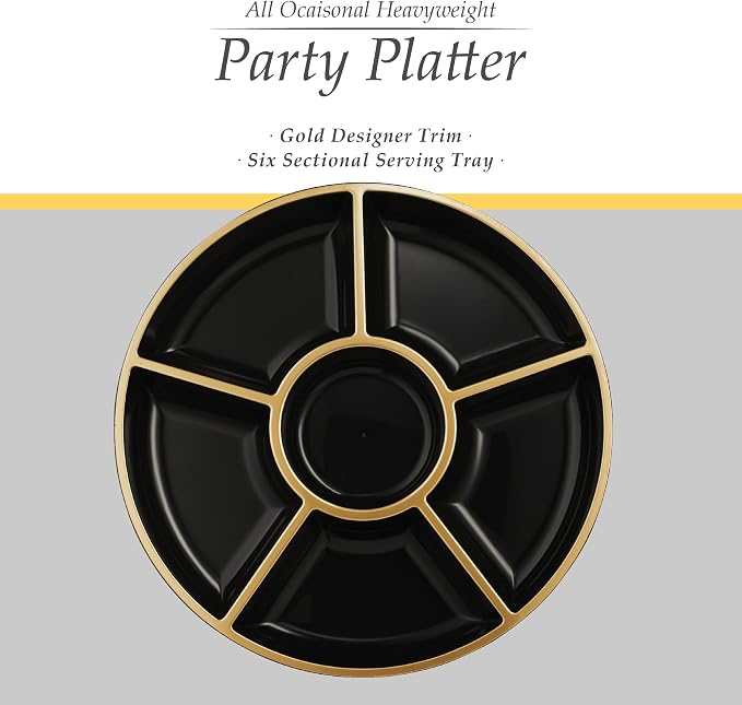 Plasticpro 6 Sectional Round Plastic Serving Tray/Platters Black & Gold Pack of - Image 5